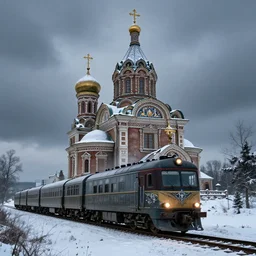 [ uaz 3 9 0 9 bukhanka ] painted and decorated as russian church driving beside the syberian railroad, epic fantasy, winter, the elder scrolls v : skyrim, dramatic lighting, establishing shot, by simon stalenhag