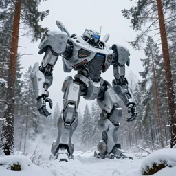 futuristic colossal mech travels across a swedish forest in the winter photograph trending on artstation