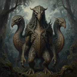 three - headed woodland golem with a long neck in a dark forest, cloudy sky, fantasy, intricate, elegant, highly detailed, traditional painting, acrylic painting, artstation, concept art, matte, sharp focus, illustration, hearthstone, in the style of h. r. giger