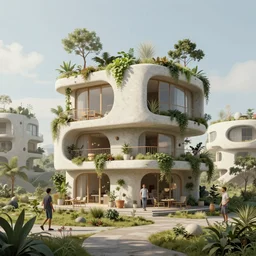 an eco - friendly dwelling in a futuristic solarpunk neighborhood. art by paolo soleri and federico pelat and markus vogt and alejandro burdisio, hyperrealism