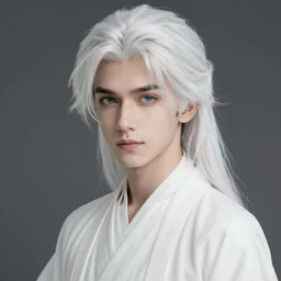boy with snow white shoulder-length hair, wearing a white flowing robe. beautiful hyperdetailed eyes, concept art, illustration, trending on artstation