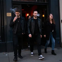 Street photography, a group of people leaving a seedy nightclub at 3am, someone is smoking, someone is shouting