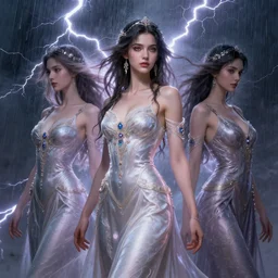 stunning goddesses of lightning portrait, lightning, heavy rain, flash, wind, fantasy, intricate, elegant, highly detailed, digital painting, artstation, concept art, smooth, sharp focus, illustration, art by krenz cushart and artem demura and alphonse mucha and tony sandoval