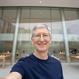 selfie of Tim Cook at the apple store, wide angle, smiling, f6.5