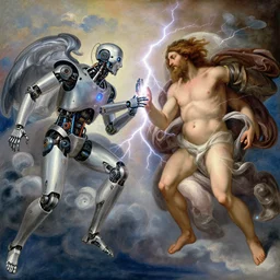 mechanical cyber robot with beard is touching a human, they are on the clouds, transferring new energy through lightning, creazione di adamo, classical painting