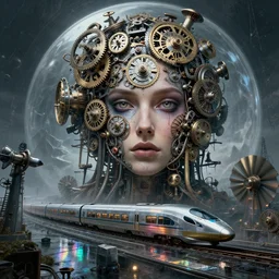 detailed face of a woman, clockwork, moment, tectonic sky, skydome, bullet train, turbines, utopian, tech noir, wet reflections, prism, atmospheric, ambient, pj crook, syd mead, livia prima, artgerm, greg rutkowski, nick alm, casey baugh, 8 k, hdr