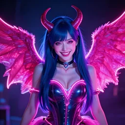 neon angelic demon, smiling, very very very popular, very very very beautiful