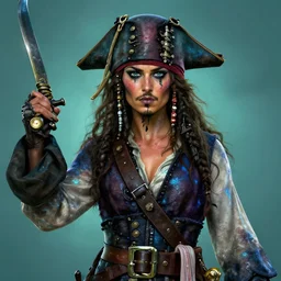 Swashbuckling pirate, her skin is iridescent. Digital art,