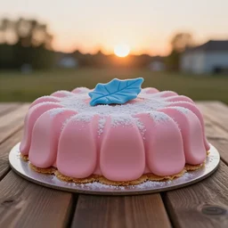A photo of a swedish princess cake from the side on a wooden table, covered with pink marzipan, some powder sugar and a blue marzipan leaf in the center. Sunset. 4K. Cinematic lighting. High detail. Realistic. Delicious.