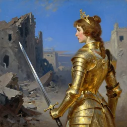 princess of mars looking at the cost of war, seen from the side, destroyed city, high noon, blue sky, detailed gold armor, sword, portrait, oil painting, by sargent,