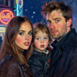 winter, colin farrell with jessica alba woman, with a kid, neon light, detailed faces, painting by gaston bussiere, craig mullins, j. c. leyendecker