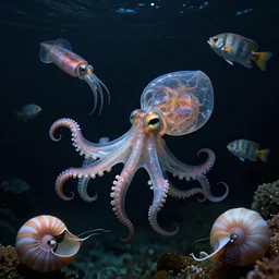 deep black ocean view of transparent bodied bioluminescent octopus and squid, and nautilus, and fearsome fish, octane render, cinema 4 d, cinematic lighting, golden ratio, underwater photography, realistic, wildlife documentary, by greg rutkowski