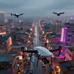 3 d vfx art of flying drones above a bustling - neon lit - wet ajegunle slum in nigeria, cinestill 8 0 0 t photograph, unreal engine render, digital illustration, illustration style by mike winkelmann, sharp, intricate detail, volumetric light, ray tracing, soft light, colourful, surreal environment, wide angle first person view,