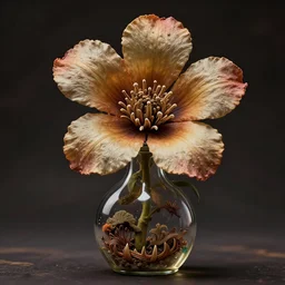 anthropomorphic monster, instead of a face a flower with 4 petals many small sharp teeth inside big flask, realistic, intricate, cinematic lighting, cnn