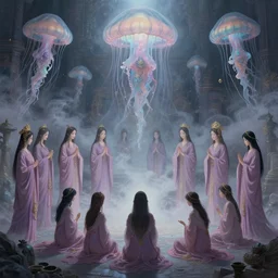 A painting of priestesses worshipping at the jellyfish temple, shrouded in mist, jellyfish god, 8K, illustration, art by Stéphane Roux and artgerm and Makoto Shinkai and Mohiro Kitoh, smoke, cinematic, insanely detailed and intricate, hypermaximalist, elegant, super detailed, award-winning, mauve and cyan, mysterious, ancient, ritual, ethereal, trending in cgsociety, artstation HQ, ornate, elite, haunting, matte painting