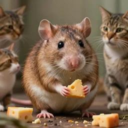 photo, emma watson as anthropomorphic furry - rat, 7 6 5 5, she is a real huge fat rat with rat body, cats! are around, eating cheese, highly detailed, intricate details