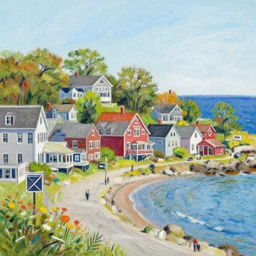 “an idyllic, charming New England town by the seaside with colorful buildings, oil pastel”