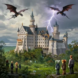 beautiful illustration of a big castle in a serene landscape, dragons flying in the sky, lightning, by albert bierstadt, green grass, highly detailed, crystal lighting, mystical, forest, hyperrealistic, 4 k, unreal engine, magical, by joe fenton, by greg rutkowski, by greg tocchini, by kaws, by kate beaton, by kaethe butcher