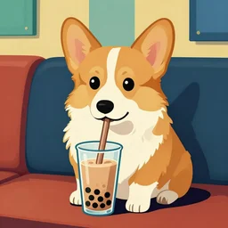 a cute corgi sitting on a coach, drinking boba milk tea! style of memphis group, 1 9 8 0 s, bold, kitch, colorful, shapes!