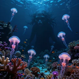 nightmare of the deep ocean by zdzisław beksinski, ernst haeckel, ed binkley, and wayne barlow, bioluminescent, colorful coral reef, jellyfish, ai biodiversity, photorealistic ultrasharp hyperdetailed octane render