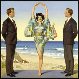 a pin up girl doing yoga with a futuristic kimono in middle of the beach by norman rockwell and jack vettriano art nouveau aesthetic