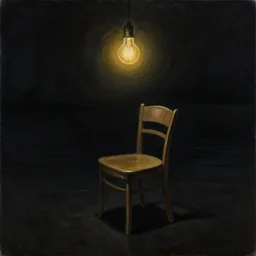 painting single chair under a lightbulb, black water lake, artstation, surreal, black void, claustrophobic, masterpiece by rembrandt, chiaroscuro, golden black, extreme shading