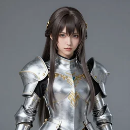 sakimi chan, standing, detailed face, silver fantasy armor with gold filagree, detailed face, tony sart