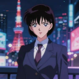 blurry and dreamy portrait of a realistic character from 8 0 s horror anime, vampire woman with short hair wearing dress suit with tie, satoshi kon anime, character design by yoshitaka amano and junji ito, glitchy vhs tape, night tokyo in the background, perfect blue color palette, noisy film grain effect, blurry image