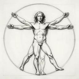 full body anatomy sketch by Leonardo da Vinci, the vitruvian man style, highly detailed, asymmetrical
