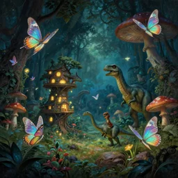 a whimsical painting of fairies and butterflies with iridescent wings in a jurassic garden world with dinosaurs. glowing treehouse village. giant mushrooms. night time. bioluminescent glow. dark atmosphere. high contrast. pulp - science fiction art. fantasy art. highly detailed. 4 k. trending on artstation