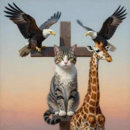 painting of cross between cat & giraffe & eagle, mixed animal, by arne olav gurvin fredriksen, by tiffany bozic, by zdzislaw beksinski, by corine perier, amazing details, cold hue's, warm tone gradient background, concept art, beautiful composition, digital painting