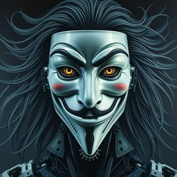 perfectly centered portrait, front view of a biomechanical android alien anonymous guy fawkes robot, flowing hair, intense stare, sarcastic smile, symmetrical, concept art, intricate detail, volumetric shadows and lighting, realistic oil painting by tim hildebrandt and greg rutkowski,