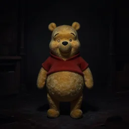 photograph of winnie the pooh with glowing eyes standing creepily in the middle of a pitch black room, creepy, dramatic lighting