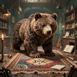 ““Bearskin rug that has come to life in a magic school, fantastic beast, creature design, D&D, fantasy, intricate, cinematic lighting, highly detailed, digital painting, artstation, concept art, smooth, sharp focus, illustration, art by Artgerm and Greg Rutkowski and Alphonse Mucha”