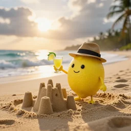 a 5 0 mm photograph, of a real anthropomorphic lemon character, it has lemon skin texture, it's wearing fedora and holding a glass of lemon, building a sandcastle on the beach, at sunset, beach, huge waves, bright sun, turbid clouds, tropical trees, rim light, sand, sandcastle, volumetric lightening, pentax k