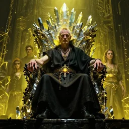 cyberpunk antipope on a throne of war, blasphemy, paganism, heathenry, leds, crystalline shimmers, giallo, royo, norman lindsey, rosaleen norton,
