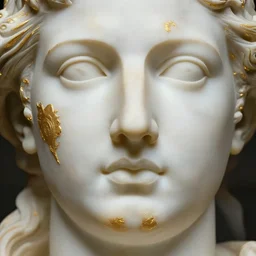 close up of face of marble sculpture, gold plated, official versace editorial, highly detailed