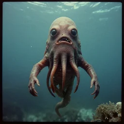 an early portrait photo of a deep sea humanoid creature, lost footage, vintage photo, horror, retetro, found footage