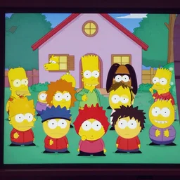 south park kids as simpson character, pack shot, tv frame, house in background,