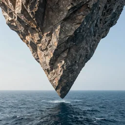 a huge inverted conical rock floating in the air above an ocean. Awe inspiring background, fantasy!!!