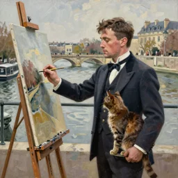 high quality high detail painting by lucian freud, hd, ewan mcgregor painting a canvas on easel by river seine dressed as a gentleman in paris at early 2 0 th century. brown cat with him