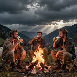gay strongmen dads drinking beers around a campfire, photography