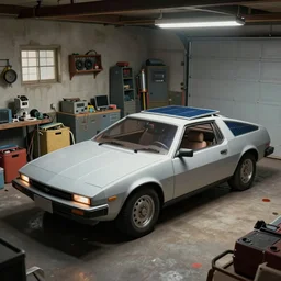 a cinematic matte painting of a boxy 1 9 8 0 s sci - fi car with solar panels on roof and doors in a cluttered garage in india. by edward hopper, glennray tutor and greg rutkowski. trending on artstation.