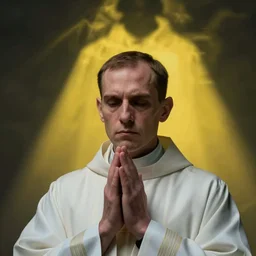 Close up of a thin and stern catholic priest in his thirties fervently praying as he is about to die from the ominous yellow shadow descending upon him from the night sky. Low angle, dramatic lighting. Award-winning digital art, trending on ArtStation