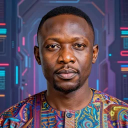hyper realistic portrait peter obi in the middle of a broad cyberpunk background with lots of space all round, perfect face, fine details, colorful patterns, studio lighting, subtle shadows, art by tim okamura and karol bak, canon eos r 3, f / 1. 4, iso 2 0 0, 1 / 1 7 0 s, 8 k, raw, unedited, in - frame