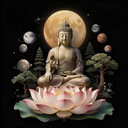 a multi layered scene of a buddha, a lotus flower, planets and moons, trees, concept art, trending on artstation, cgsociety. 1 6 k resolution. black background