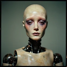 a beautiful masterpiece portrait photograph of a wistful weeping humanoid android with a pained look on her face, longing for solace by bill henson and andy warhol, forward facing, kodak portra 4 0 0, 5 0 mm, f 2. 8, trending on flickr