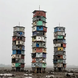 towers made up of stacked makeshift squatter shacks with faded colours suspended over a quagmire, plain uniform sky at the back, misty, mamiya, ultra sharp, very detailed, photographed by julie blackmon, cristina de middel and john chiara
