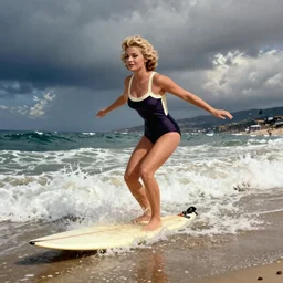 Jayne Mansfield in a swimsuit, body surfing at Malibu Beach by Mort Kunstler and Victor Moscoso