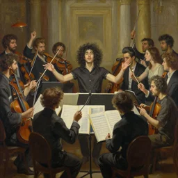the most epic painting of all time, a curly - haired persian guy composing the most epic symphony of minds, trending on artstation
